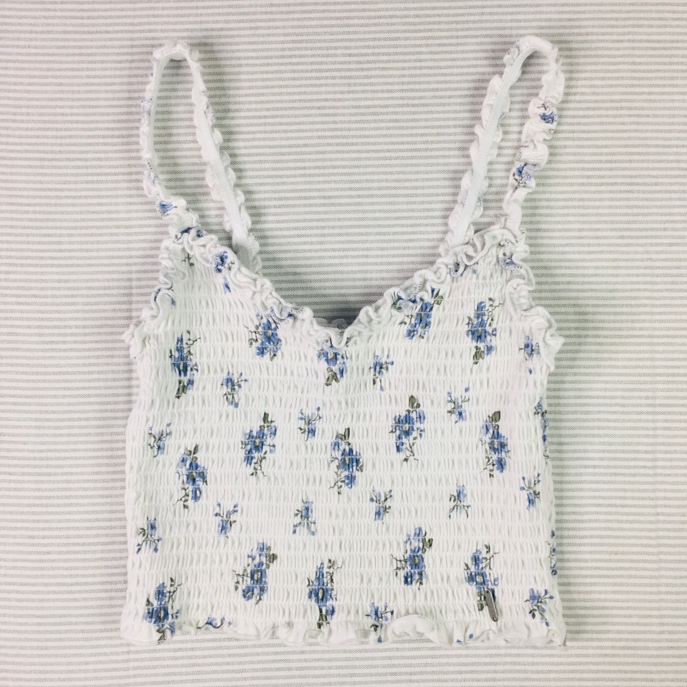 Hollister Smocked Crop Top XS Blue Floral Ruffle Cami Y2K Cottagecore Coquette